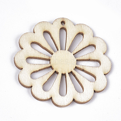 Undyed Wood Big Pendants, Flower, Creamy White, 50x50x2~2.5mm, Hole: 2mm(WOOD-T016-09C)