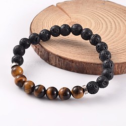 Natural Lava Rock Beaded Stretch Bracelets, with Tiger Eye Beads and Brass Findings, Platinum, 58mm(BJEW-JB02184-03)