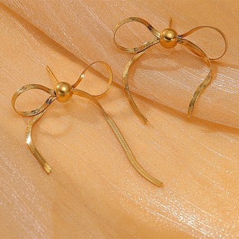 304 Stainless Steel Stud Earrings, Bowknot, Golden, 39.3x32.2mm