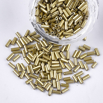 Electroplate Glass Bugle Beads, Round Hole, Metallic Colours, Gold, 3~5x1.5~2mm, Hole: 0.8mm, about 1666pcs/50g