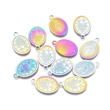 Ion Plating(IP) 304 Stainless Steel Pendants, Laser Cut, Oval with Virgin Mary, Rainbow Color, 18x11.5x0.6mm, Hole: 1.6mm