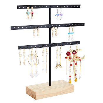 Iron Jewelry Display Stands, with Wooden Settings, for Necklace & Earring Stand Holder, Black, 26.1x6.9x28.6cm