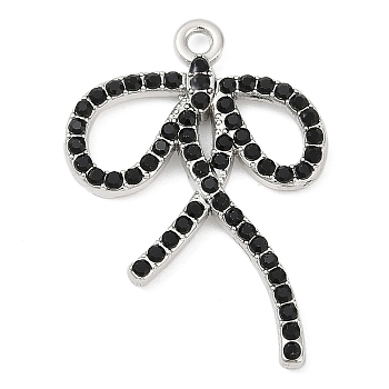 Alloy Rhinestone Pendants, Rack Plating, Cadmium Free & Nickel Free & Lead Free, Bowknot, Platinum, Jet, 30x21x2.5mm, Hole: 1.8mm