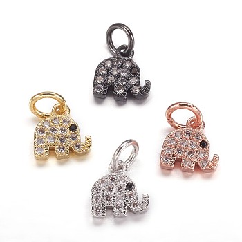 Brass Micro Pave Cubic Zirconia Pendants, Elephant, Mixed Color, 8x7.5x2mm, Hole: 3mm