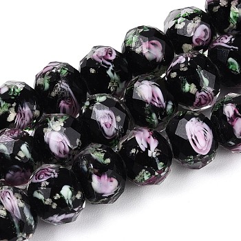 Handmade Luminous Lampwork Beads Strands, Rondelle, with Inner Flower, Faceted, Black, 9~10x7~8mm, Hole: 1~1.6mm, about 40pcs/strand, 12.01 inch(30.5cm)