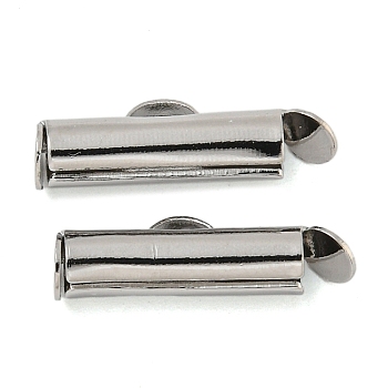 Brass Slide On End Clasp Tubes, Slider End Caps, with Pendant Bails, Real Platinum Plated, 5.5x18.5x4mm, Hole: 1.2mm