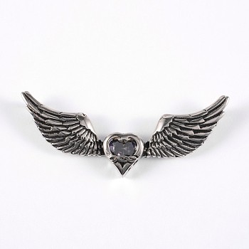 316 Surgical Stainless Steel Rhinestone Big Pendants, Wing with Heart, Antique Silver, 25x59x7mm, Hole: 6x3mm