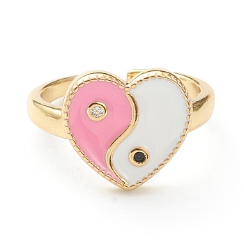 Brass Micro Pave Cubic Zirconia Finger Rings, with Enamel, Long-Lasting Plated, Real 18K Gold Plated, Heart, Pink, US Size 7 3/4(17.9mm), 2.5mm, Inner Diameter: 18mm