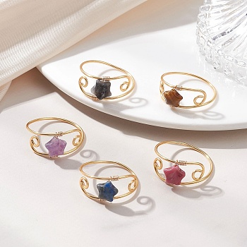 Copper Wired Gemstone Finger Rings, Star, Golden, US Size 9 3/4(19.5mm)