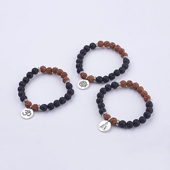 Yoga Chakra Jewelry, Lava Rock Bodhi Wood Beads and Stretch Charm Bracelets, with Tibetan Style Alloy Findings, 50mm, about 22pcs/strand