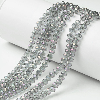 Electroplate Transparent Glass Beads Strands, Full Rainbow Plated, Faceted, Rondelle, Light Grey, 4x3mm, Hole: 0.4mm, about 123~127pcs/strand, 16.5~16.9 inch(42~43cm)