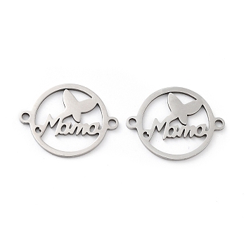 201 Stainless Steel Connector Charms, Mother's Day Flat Round with Word Mama Links, Stainless Steel Color, 15x19x1mm, Hole: 1.4mm