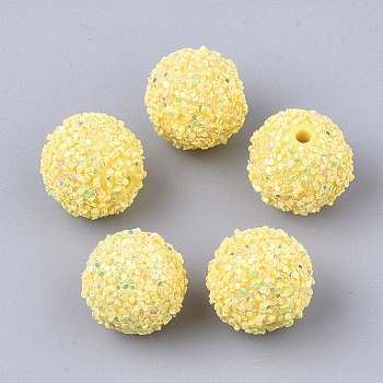 Acrylic Beads, Glitter Beads,with Sequins/Paillette, Round, Yellow, 12x11mm, Hole: 2mm