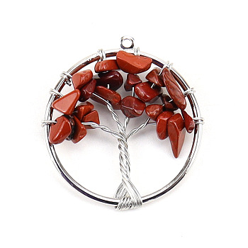 Natural Red Jasper Tree fo Life Pendants, Iron Ring Chip Gems Tree Charms, Platinum, 30mm
