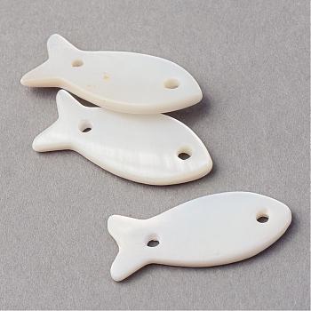 Sea Shell Links connectors, Fish, Creamy White, 22~24x9.5~10.5x1.5~2.5mm, Hole: 1.5mm