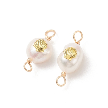 Grade AA Natural Cultured Freshwater Pearl Connector Charms with Golden Tone Alloy Slices, Two Sides Polished, with Copper Wire Double Loops, Shell Pattern, 20~21x8~9x6~8mm, Hole: 2.5mm