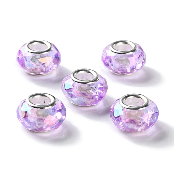 Shell Transparent Brass Cores Acrylic European Beads, Rondelle, Large Hole Bead, Faceted, Silver, Medium Purple, 15x9mm, Hole: 5mm