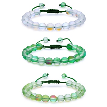 3Pcs Round Synthetic Moonstone Braided Bead Bracelets, Gemstone Jewelry for Women, Green, Inner Diameter: 1-7/8~3-1/4 inch(4.8~8.3cm)