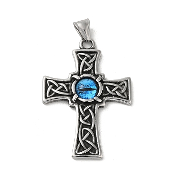 304 Stainless Steel Big Pendants, with Resin Eye. Cross Charm, Antique Silver, Deep Sky Blue, 56.5x38x5.5mm, Hole: 8.5x3mm