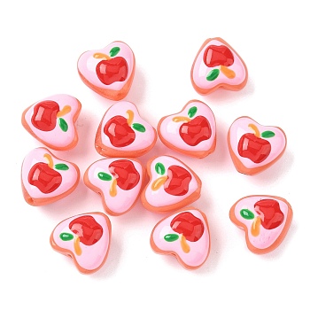 Baking Paint Glass Enamel Beads, Heart with Fruit, Apple, 13.5x13.5x9.5~10.5mm, Hole: 1.2mm