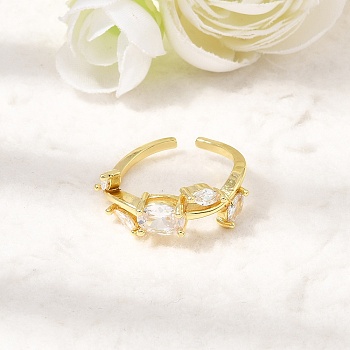 Brass Micro Pave Cubic Zirconia Cuff Open Rings, Horse Eye, Real 18K Gold Plated, Clear, 8mm, Inner Diameter: 17mm