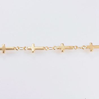3.28 Feet Ion Plating(IP) Handmade 304 Stainless Steel Bar Link Chains, Soldered, Cross, Golden, 13x5x1.5mm