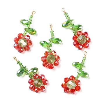 Glass Beaded Pendants, with Copper Wire, Flower of Life Charms, Red, 30~32x13~14x5.5~6mm, Hole: 1.5~1.6mm