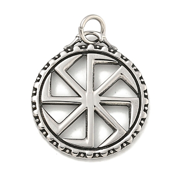 316 Surgical Stainless Steel Pendants, with Jump Ring, Flat Round with Kolovrat Charm, Antique Silver, 37.5x33x2.5mm, Hole: 6mm