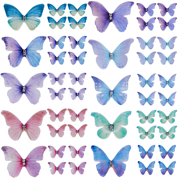 100Pcs 10 Colors Gradient Color 2-Layer Fibre Tulle Ornament Accessories, 3D Craft Organza Butterfly, with Crystal Rhinestone, Mixed Color, 45x37x3mm