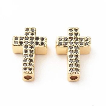Rack Plating Brass Cubic Zirconia Beads, Cadmium Free & Lead Free, Real 18K Gold Plated, Cross, Black, 15x9x4mm, Hole: 1.7mm
