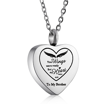 Stainless Steel Heart Urn Ashes Pendant Necklace, Word To My Brother Memorial Jewelry for Men Women, Stainless Steel Color, 19.69 inch(50cm)