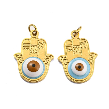 Ion Plating(IP) 304 Stainless Steel Pendants, with Enamel and Jump Ring, Hamsa Hand with Evil Eye Charm, Golden, 17x13x3.5mm, Hole: 2.5mm