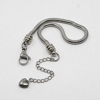 304 Stainless Steel European Round Snake Chains Bracelets, with Lobster Claw Clasp and Heart Charms, Stainless Steel Color, 160x3mm