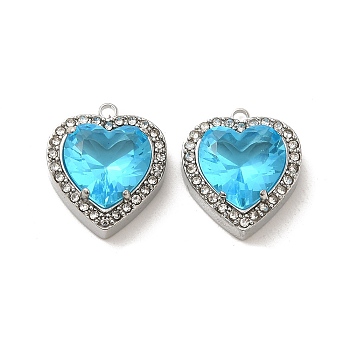 304 Stainless Steel Pendants, with Glass and Rhinestone, Heart Charms, Deep Sky Blue, 16x14x5.7mm, Hole: 1.4mm