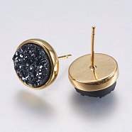 Druzy Resin Earrings, with Brass Finding, Flat Round, Prussian Blue, 9.5x16~16.5mm, Pin: 0.8mm(KK-E724-S-12G)