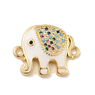 Brass Micro Pave Colorful Cubic Zirconia Connector Charms, with White Enamel, Cadmium Free & Lead Free, Long-Lasting Plated, Elephant, Real 18K Gold Plated, 15x19x3mm, Hole: 1.6mm(KK-B059-05G-01)