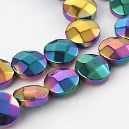 Electroplated Non-magnetic Synthetic Hematite Flat Round Bead Strands, Faceted, Multi-color Plated, 8x3.5mm, Hole: 1mm, about 51pcs/strand, 15.74 inch(G-L368-06B)