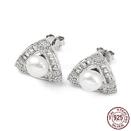 Rhodium Plated 925 Sterling Silver Micro Pave Cubic Zirconia Triangle Stud Earrings for Women, Natural Pearls Beaded Earrings, Platinum, 14x14.5mm(EJEW-F318-02P)