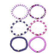 Handmade Polymer Clay Heishi Beads Stretch Bracelets Sets, with Golden Plated Stainless Steel Spacer Beads, Plum, Inner Diameter: 2 inch(5.2cm), 6pcs/set(BJEW-JB05902-02)