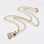 304 Stainless Steel Pendant Necklaces, with Lobster Claw Clasps, Baby Feet, Golden, 17.91inches(45.5cm); 2mm(STAS-I075-40G)
