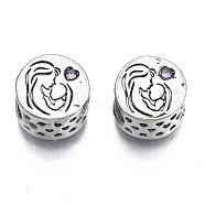Rack Plating Alloy European Beads, Large Hole Beads, with Tanzanite Rhinestone, Mother's Day, Cadmium Free & Nickel Free & Lead Free, Column with Word Thanks for Being There Mom, Platinum, 11.5x7mm, Hole: 5mm(MPDL-N039-092)