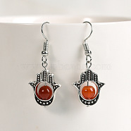 Natural Crystal Stone Hamsa Hand & Round Dangle Earrings, Handmade Sweet Ear Jewelry, Platinum, Orange(UB8598-4)