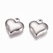 304 Stainless Steel Pendants, Puffed Heart, Jewelry Making, for Women, Stainless Steel Color, 15x14.5x4mm, Hole: 1.8mm(STAS-G218-02P)