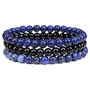 3Pcs 3 Style Natural Lapis Lazuli & Black Agate Round Beaded Stretch Bracelets Set, Gemstone Stackable Bracelets for Woman, Wide: 6mm, 7-1/4~7-1/2 inch(18.5~19cm), 1Pc/style(PW23030760213)