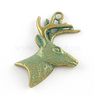Christmas Reindeer/Stag Zinc Alloy Big Pendants, Cadmium Free & Nickel Free & Lead Free, Antique Bronze & Green Patina, 51x43x6mm, Hole: 4mm(PALLOY-R065-080-FF)
