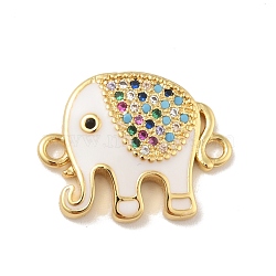 Brass Micro Pave Colorful Cubic Zirconia Connector Charms, with White Enamel, Cadmium Free & Lead Free, Long-Lasting Plated, Elephant, Real 18K Gold Plated, 15x19x3mm, Hole: 1.6mm(KK-B059-05G-01)