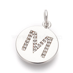 Brass Micro Pave Cubic Zirconia Pendants, Lead Free & Cadmium Free, Flat Round with Letter, Platinum, Letter.M, 17.5x15x1.5mm, Hole: 3mm(ZIRC-E152-06M-P-RS)