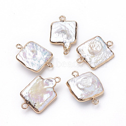 Plated Natural Baroque Pearl Keshi Pearl Links connectors, with Iron Findings, Square, Golden, 22~26x14~17x3~7mm, Hole: 1.8mm(PEAR-Q008-06)