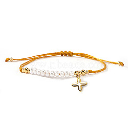 304 Stainless Steel Cross Charm Bracelets, Brass & Imitation Pearl Round Beads Adjustable Bracelets for Women, Gainsboro, 11.02 inch(28cm)(NZ8647-5)