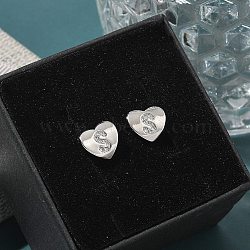 Rack Plating Brass Micro Pave Clear Cubic Zirconia Stud Earrings, Heart, Letter S, 8.5x9.5mm(EJEW-K299-01P-S)